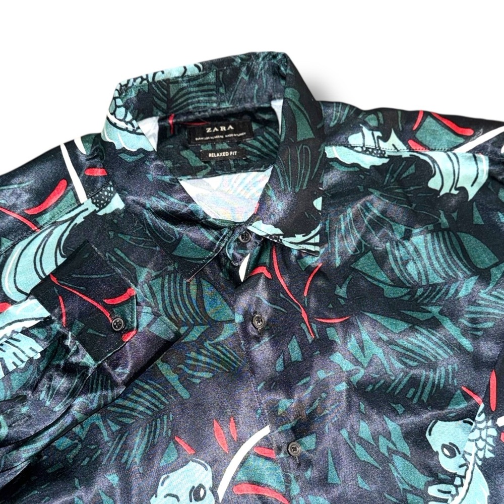 Zara Button Down Shirt Mens Medium Teal Koi Fish Tropical Relaxed Fit Viscose